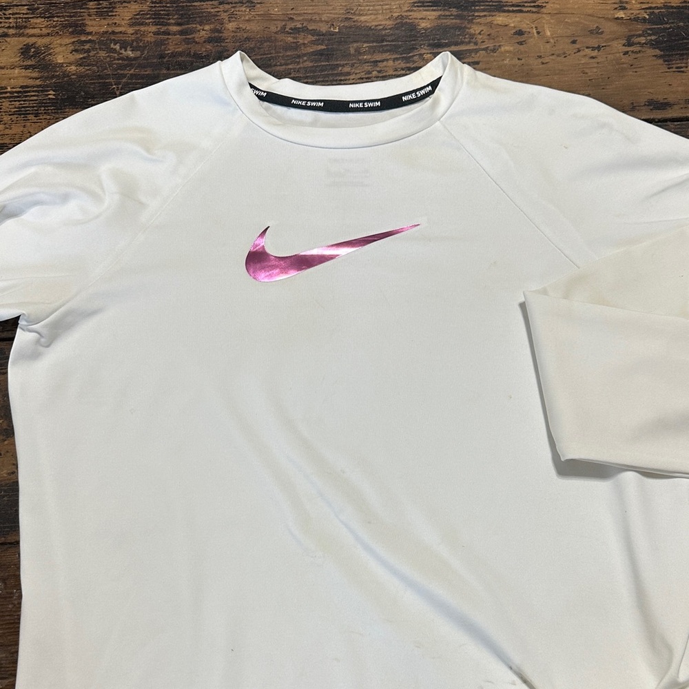 Nike White Long Sleeve Shirt with Metallic Pink Swoosh
